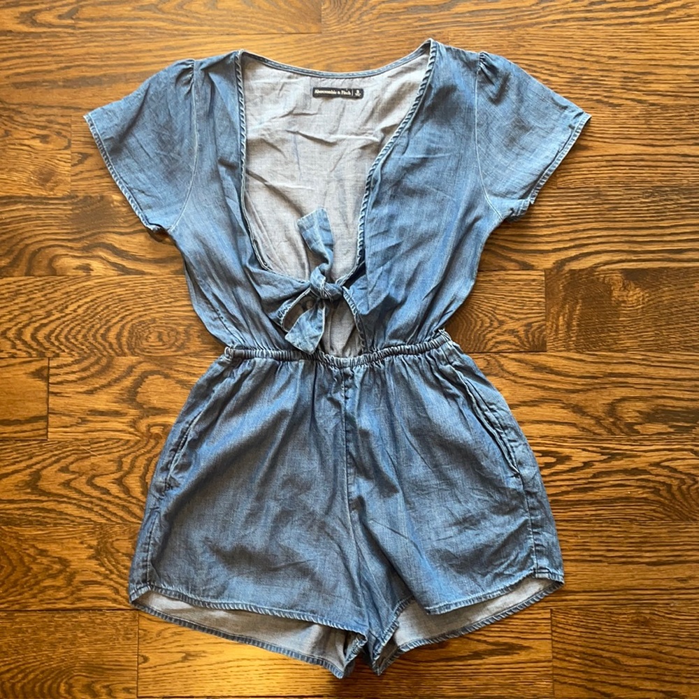 denim tie front romper